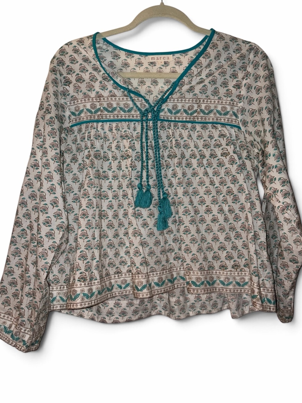 Marea Teal-Accent Floral Peasant Blouse